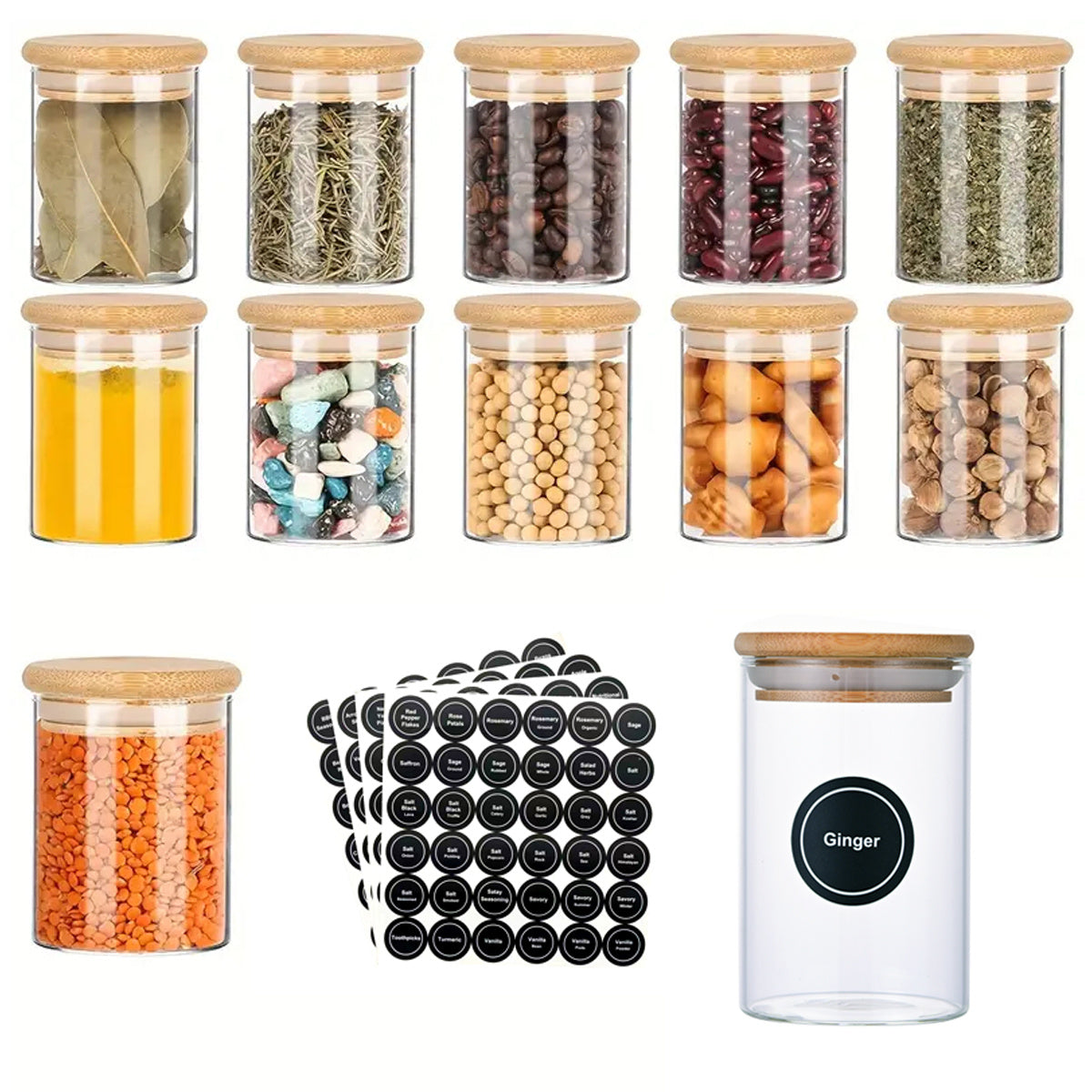 Round Glass Storage Jars - 12 Piece Set with Bamboo Lids & Stickers