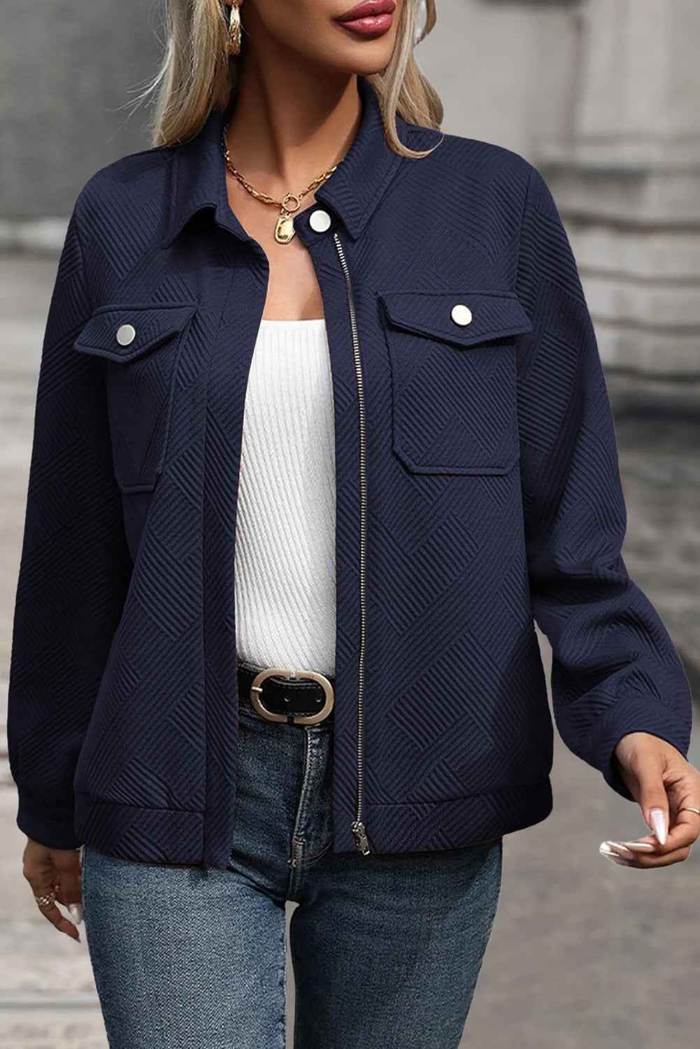 Women's Casual Lapel Texture Solid Color Long Sleeve Jacket