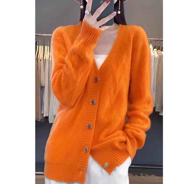 V-neck Long-sleeved Knitted Cardigan Simple And Loose-fitting Sweater Coat