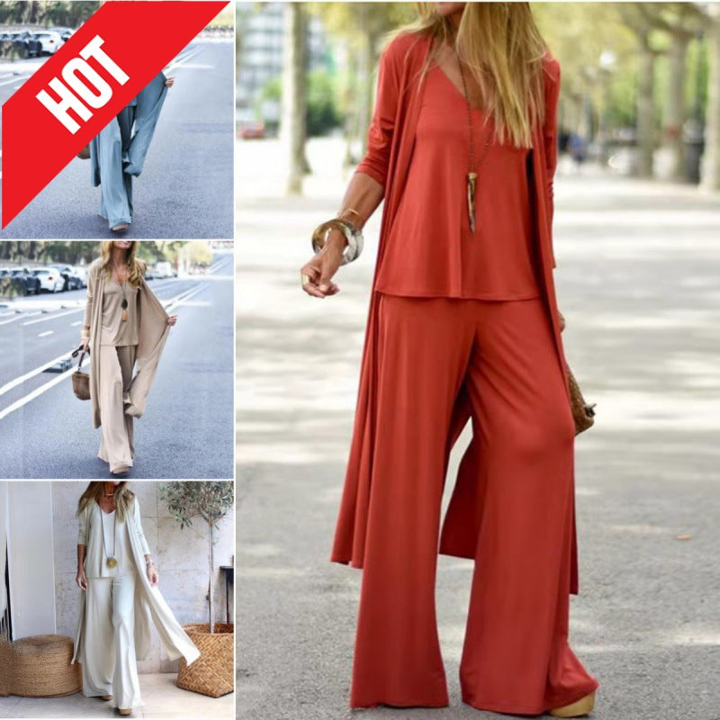 Loose Plain-Color Three-Piece Collar Halter-Neck Dress - Casual Chic Style