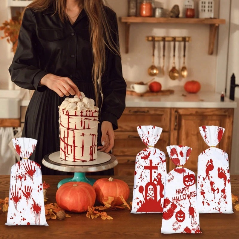 Halloween Cellophane Candy Bags - 50 Pack with Gold Twist Ties