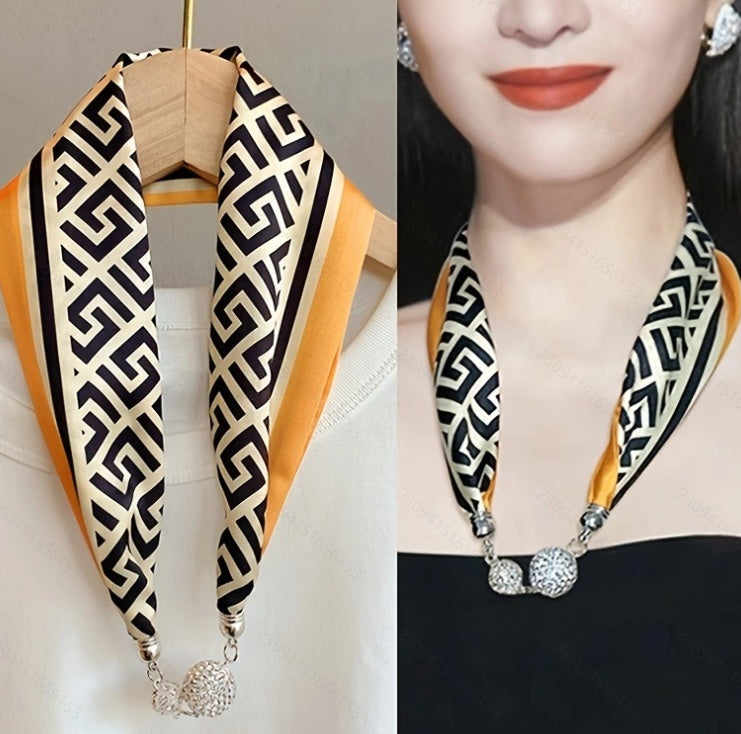 Magnetic Buckle Silk Scarf with Pearl Necklace - Women's Fashion Accessory