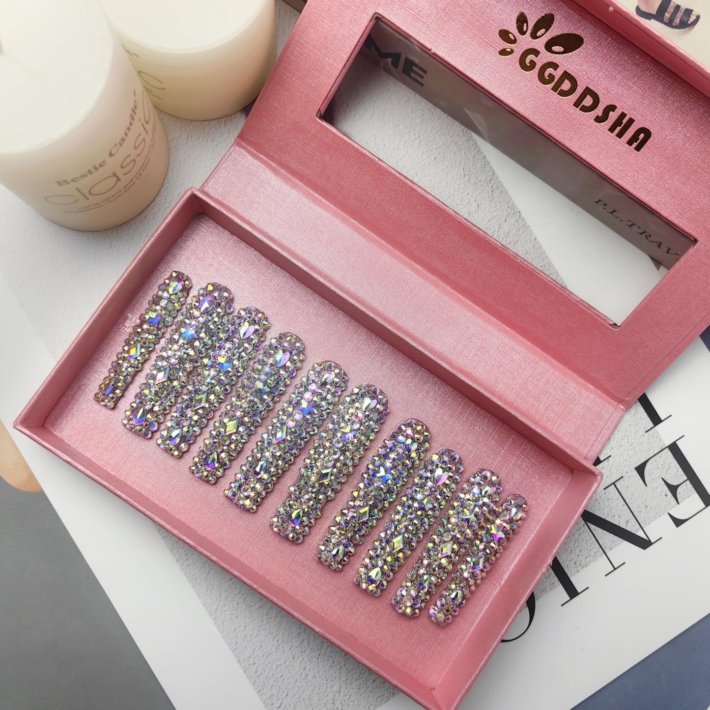 GGddsha 2025 Long Novel Design And Reusable PMMAAcrylic Press On Nails  Handmade Nails Full CoverLuxurious 3D Crystal False Nails With Box Gifts,Stellar Shine