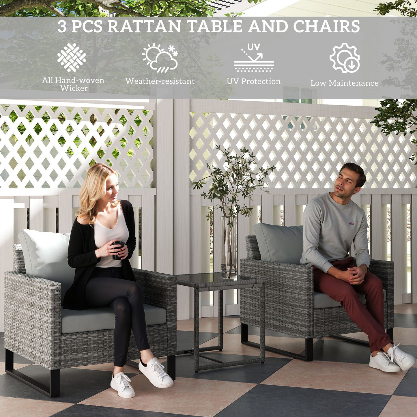 Patio Set, Wicker Bistro Set With Cushions, Rattan Chairs, Glass Coffee Table For Backyard, Porch, Balcony, Gray