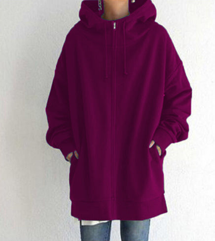 Women's Oversized Hooded Zip-Up Sweatshirt - Velvet-Lined Long Coat