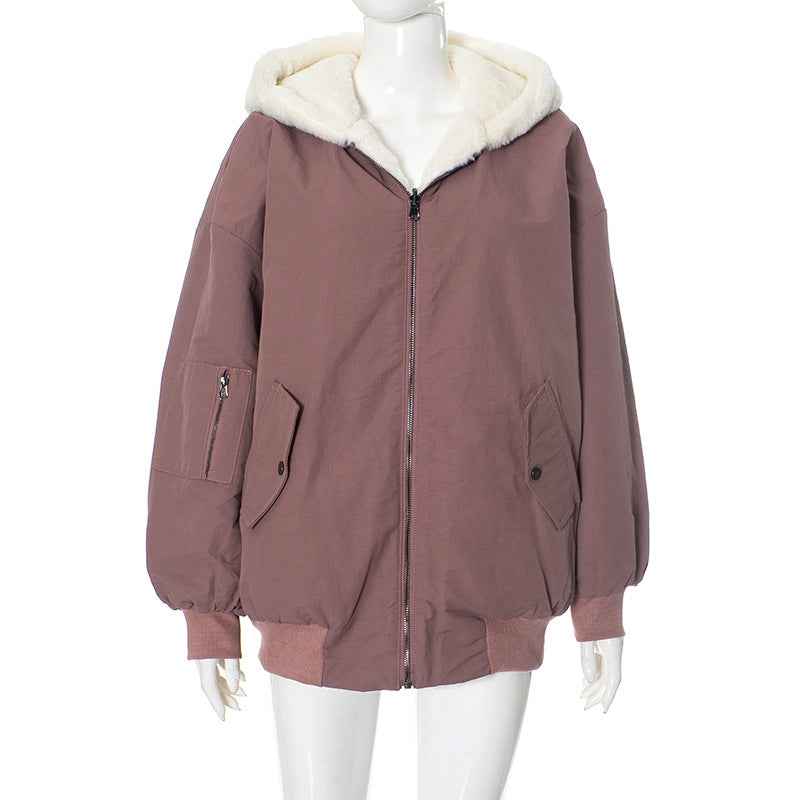 Double-sided Zipper Hooded Pocket Loose Thick Plush Coat