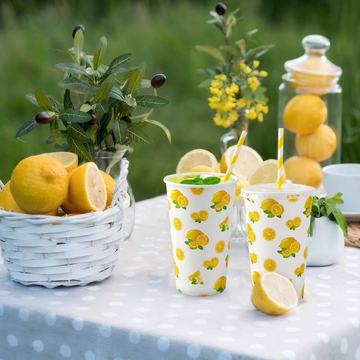 Lemonade Paper Cups Set - 180pcs with Lids & Straws 16oz