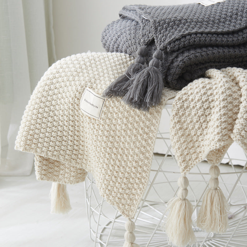 Fringed Knitted Wool Blanket - Cozy Home Throw