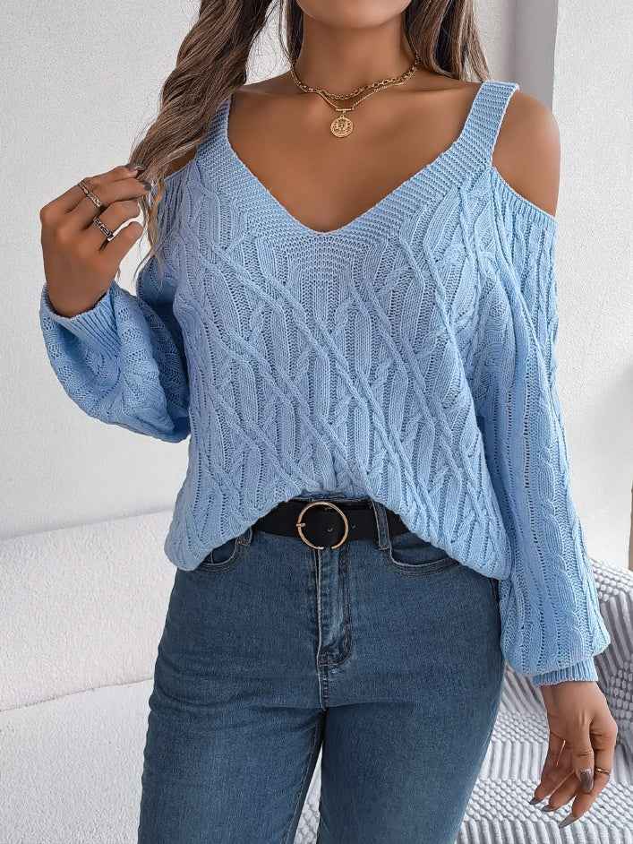 Women Casual Solid Color Cable Knit Off-Shoulder Lantern Sleeve Sweater