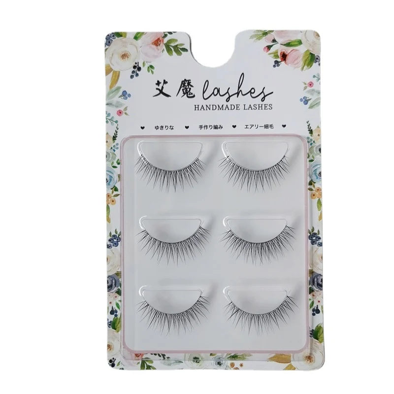 Natural False Eyelashes - Fine Stem Transparent Band 3 Pairs 10mm Fiber Lashes