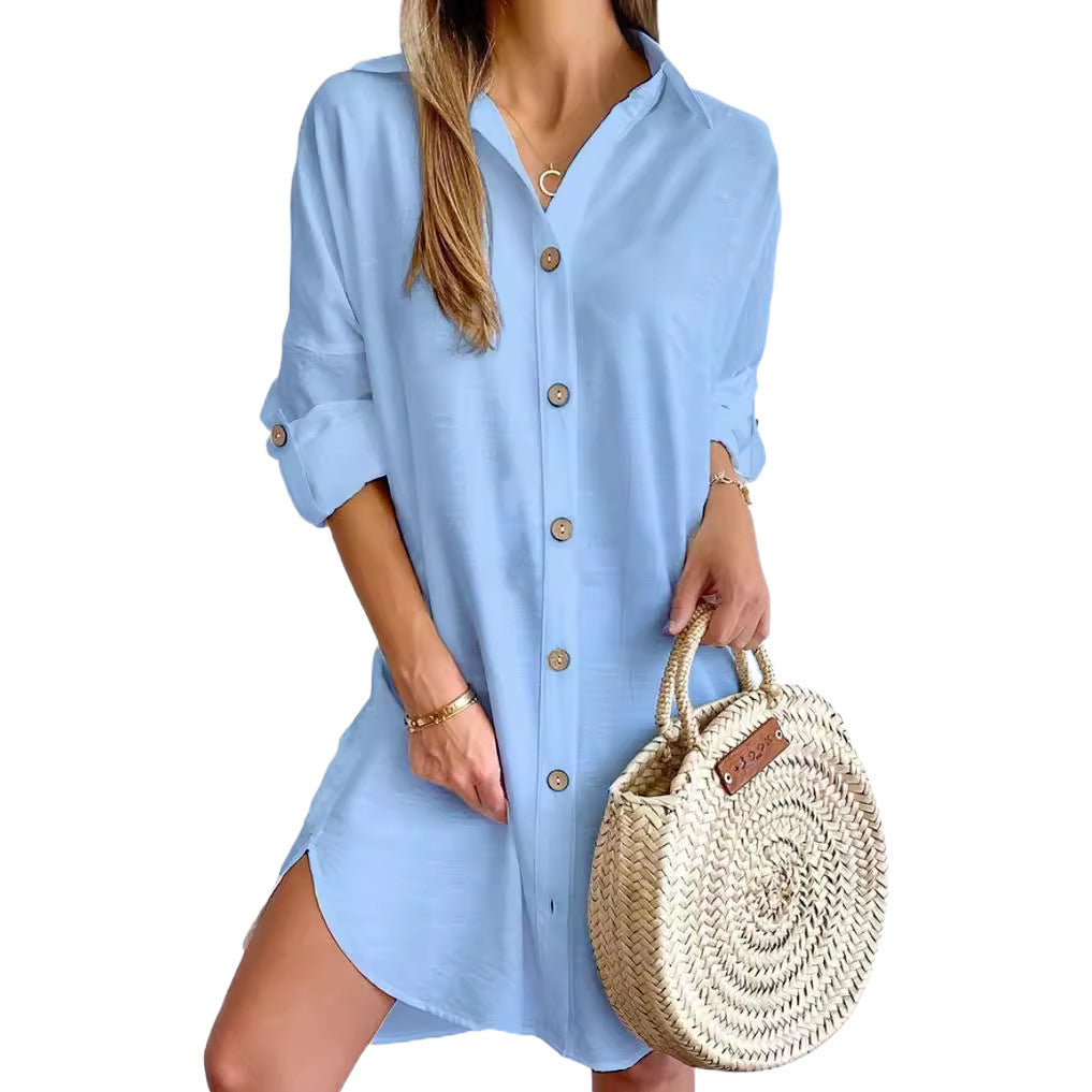 Autumn Casual Long Sleeve Lapel Button Shirt Dress - Women's Professional Style