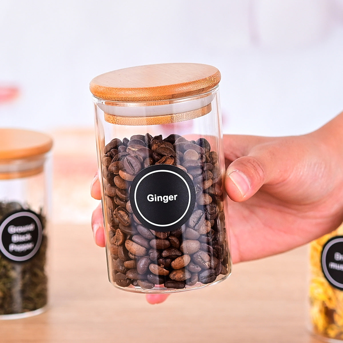 Round Glass Storage Jars - 12 Piece Set with Bamboo Lids & Stickers