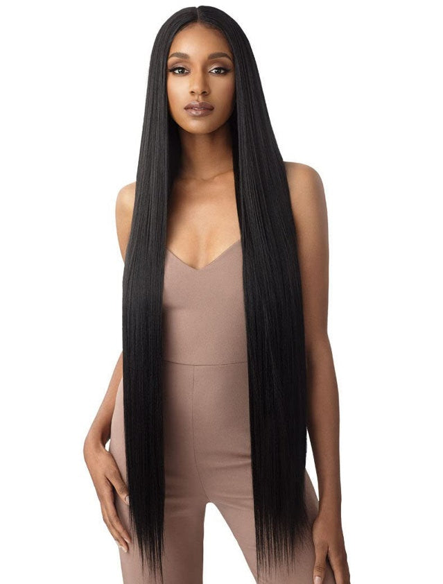 Self-pickup 36 Inch Length Yaki Straight Lace Front Synthetic Wig Middle Parting HD Clear Glueless Lace Wig Heat Resistant Fiber Pre-Plucked Hairline -- Only Supports Self-pickup.