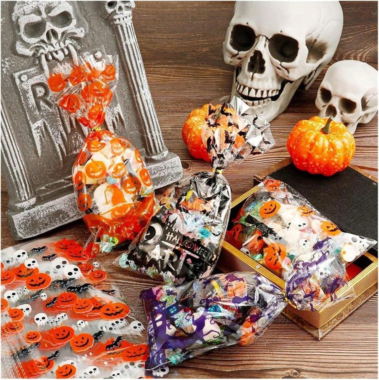Halloween Gift Wrapping Bags - 200 Pcs Cellophane Treat Bags with Twist Ties