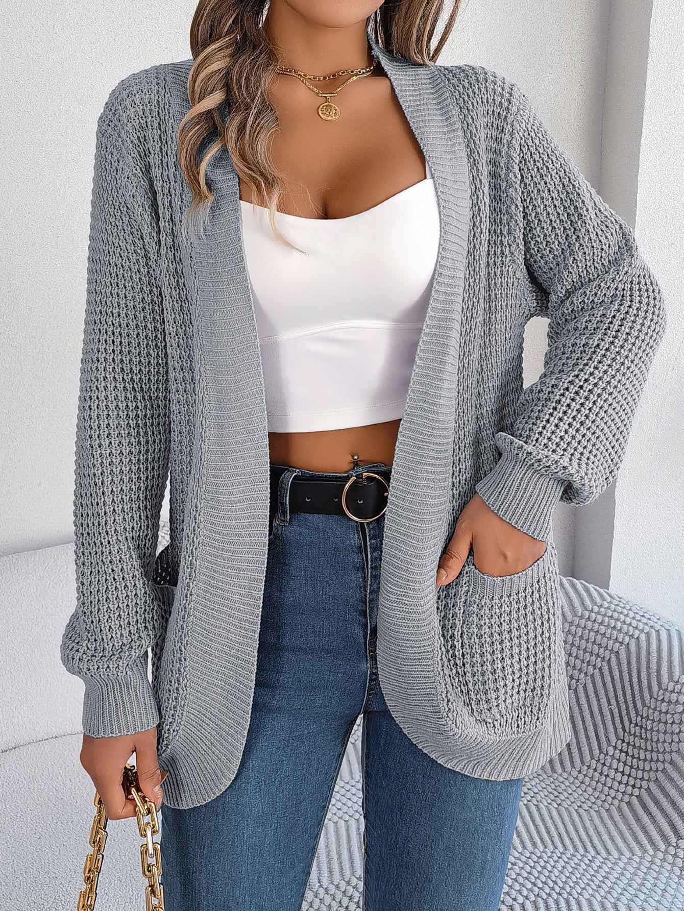 Women Casual Pocket Long Sleeve Knit Cardigan Sweater