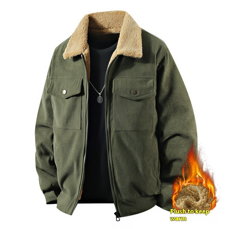 Premium Men's Fleece Corduroy Cotton Coat - Casual Polo Collar Winter Jacket