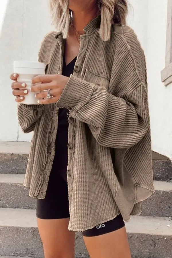 Women's Patchwork Irregular Shirt Jacket - Loose Long Sleeve Top