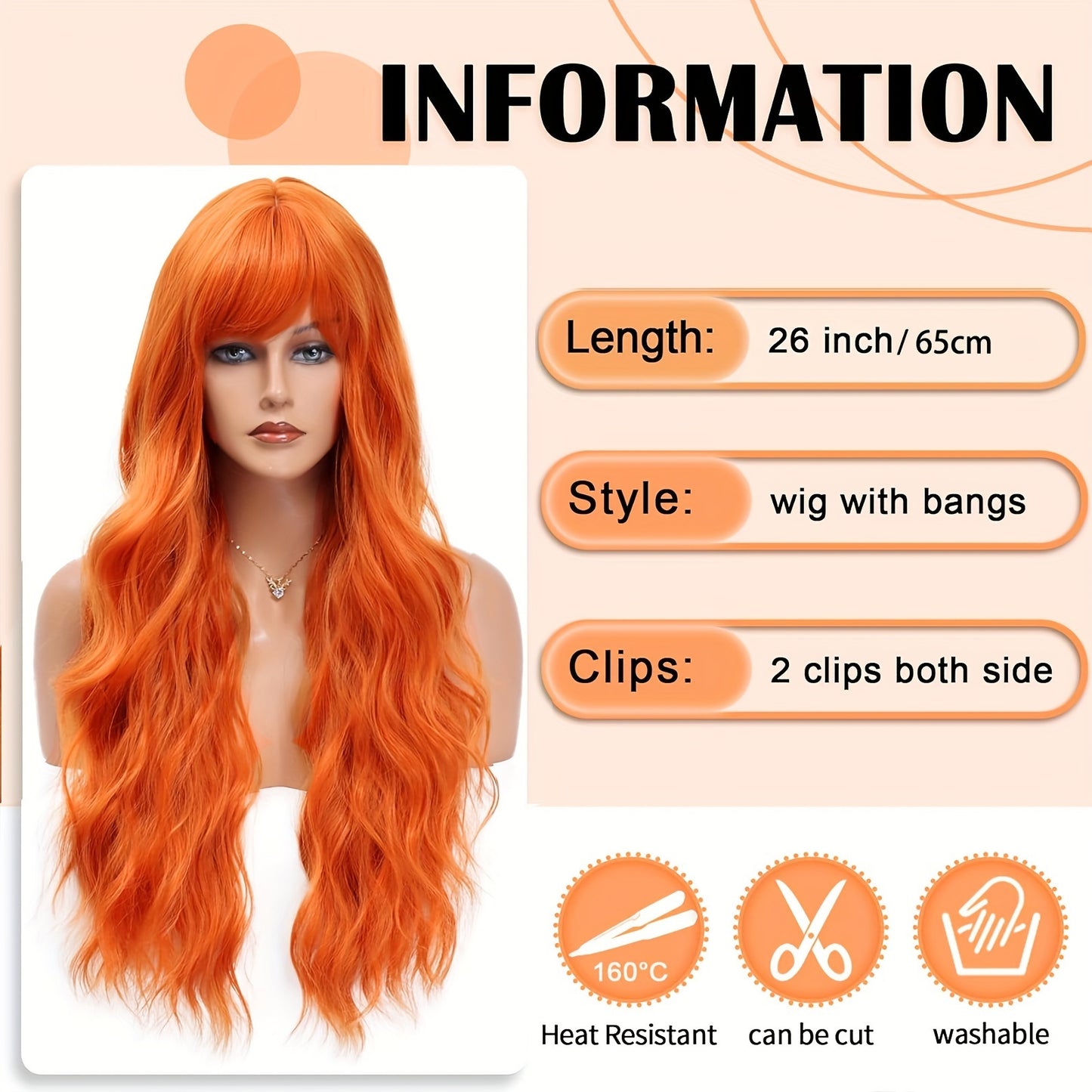 Elegant Long Orange Non-toxic Wig, Synthetic Wavy Hair Wig For Ladies, 28-inch Long Hair, Suitable For The Whole Scene