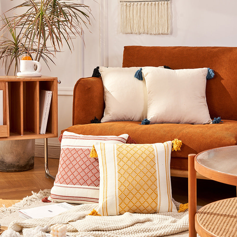 Geometric Woven Jacquard Tassel Cushion Cover