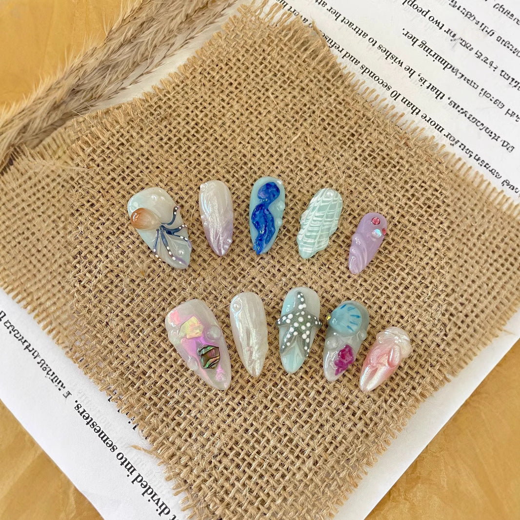 Hand-painted Happy Underwater World White Advanced Long Manicure