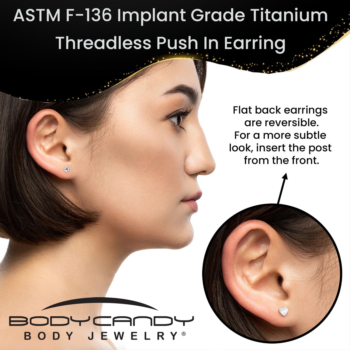 16G 5/16 Clear CZ Implant Grade Titanium Threadless Reversible Heart Flatback Stud
