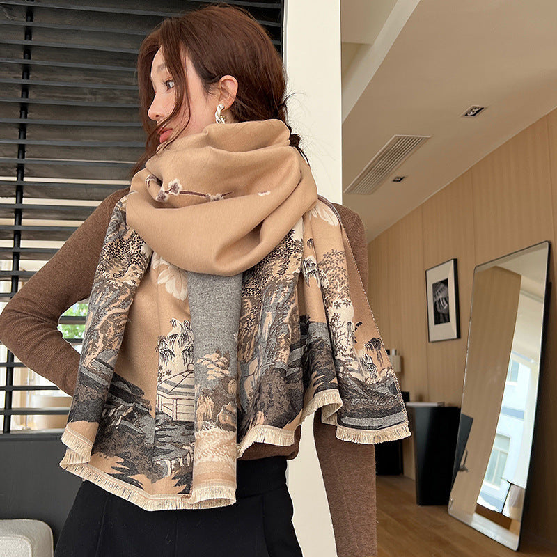 Vintage Plum Scarf - Women's Artificial Cashmere Thickened Double-Sided Student Shawl