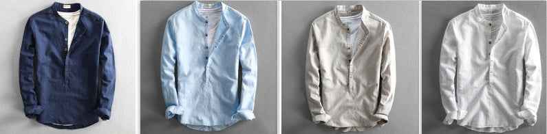 Men's Simple Casual Long Sleeve Linen Shirt - Loose Solid Color