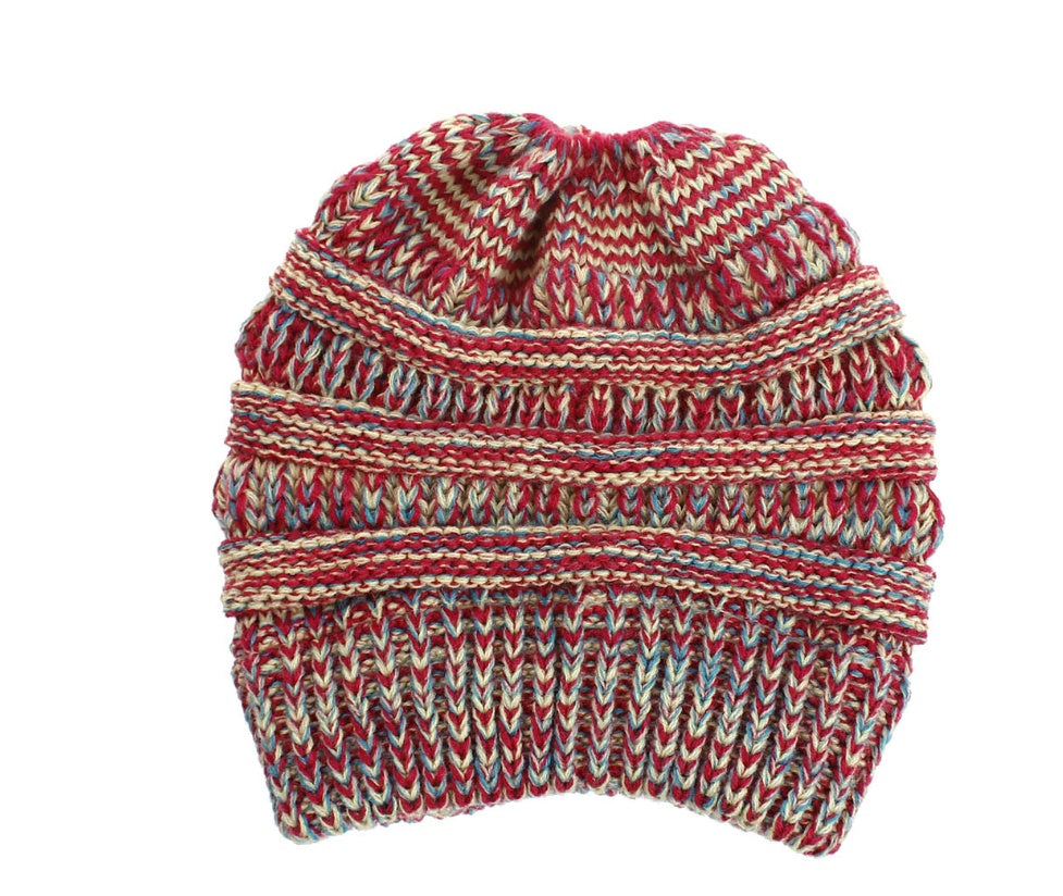 Women's Mixed Color Knitted Wool Hat - Ponytail Beanie
