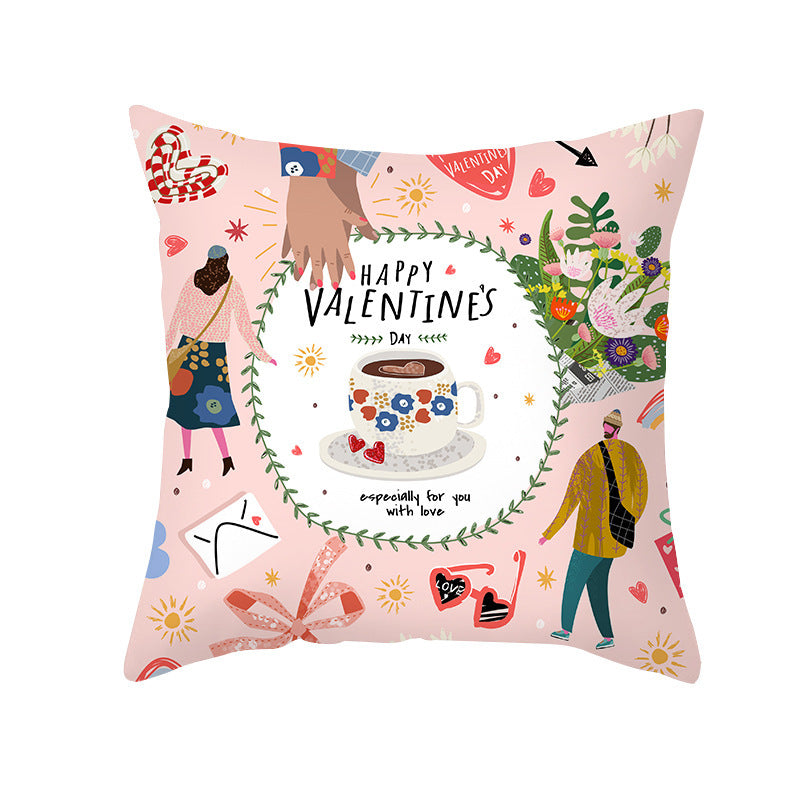 Valentine's Day Peach Skin Printed Cushion Cover - Romantic Living Room Bedroom Decoration