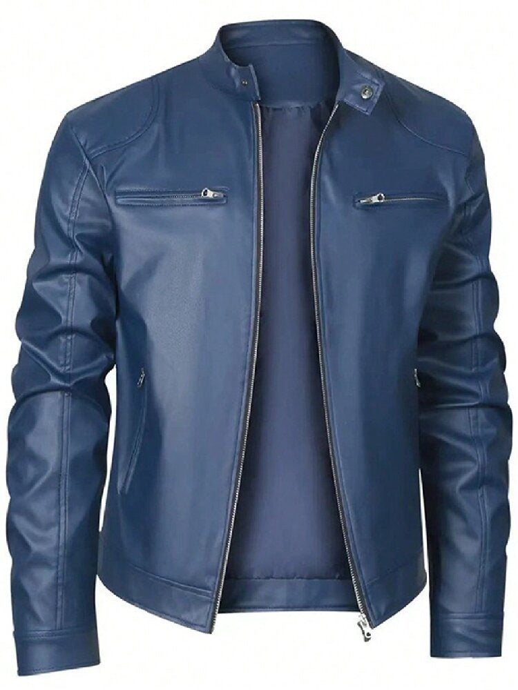 Men's Gentleman's Warm Zipper Cardigan - PU Leather Pocket Decorated Coat