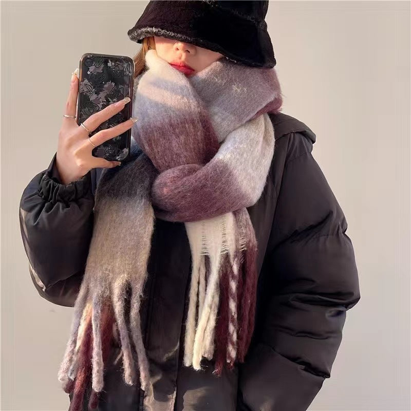 Women's Plaid Tassel Scarf - Rainbow Color-Blocking Shawl