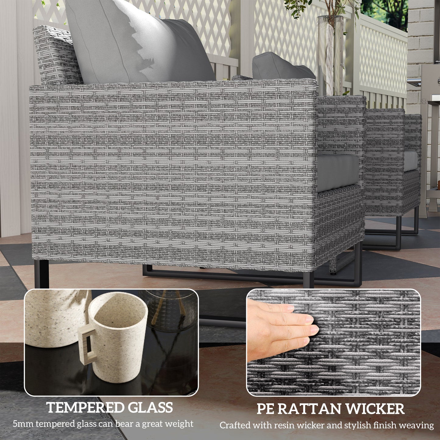 Patio Set, Wicker Bistro Set With Cushions, Rattan Chairs, Glass Coffee Table For Backyard, Porch, Balcony, Gray