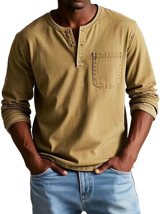 Men's V-Neck Long Sleeve T-Shirt - Button Design Casual Pullover