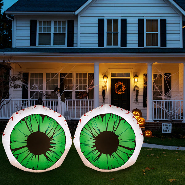 2PCS 3ft Green Eyeball Halloween Inflatables - 2 White LED Lights