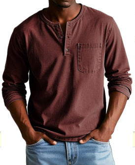 Men's V-Neck Long Sleeve T-Shirt - Button Design Casual Pullover