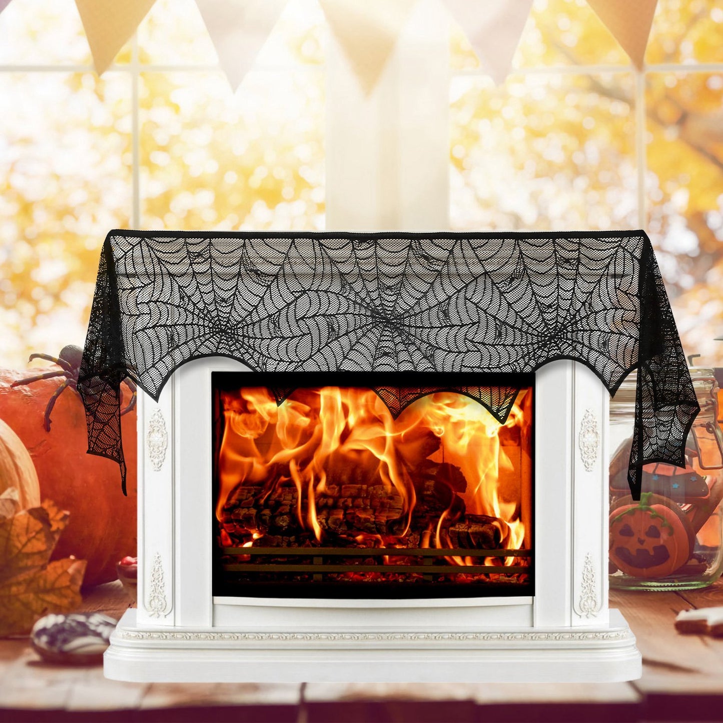 Halloween Black Lace Spiderweb Fireplace Mantle Scarf - 96 x 18 Inch