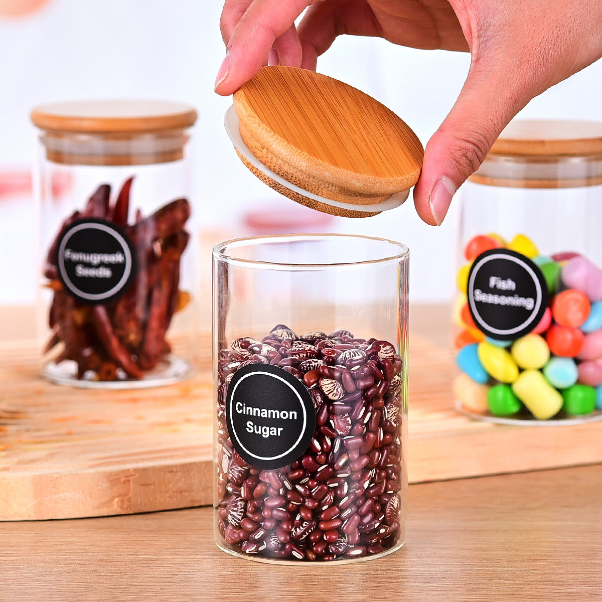 Round Glass Storage Jars - 12 Piece Set with Bamboo Lids & Stickers