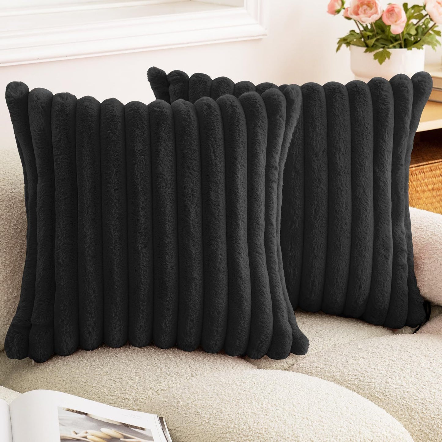 Rabbit Fur Solid Color Vertical Bar Plush Square Cushion Cover
