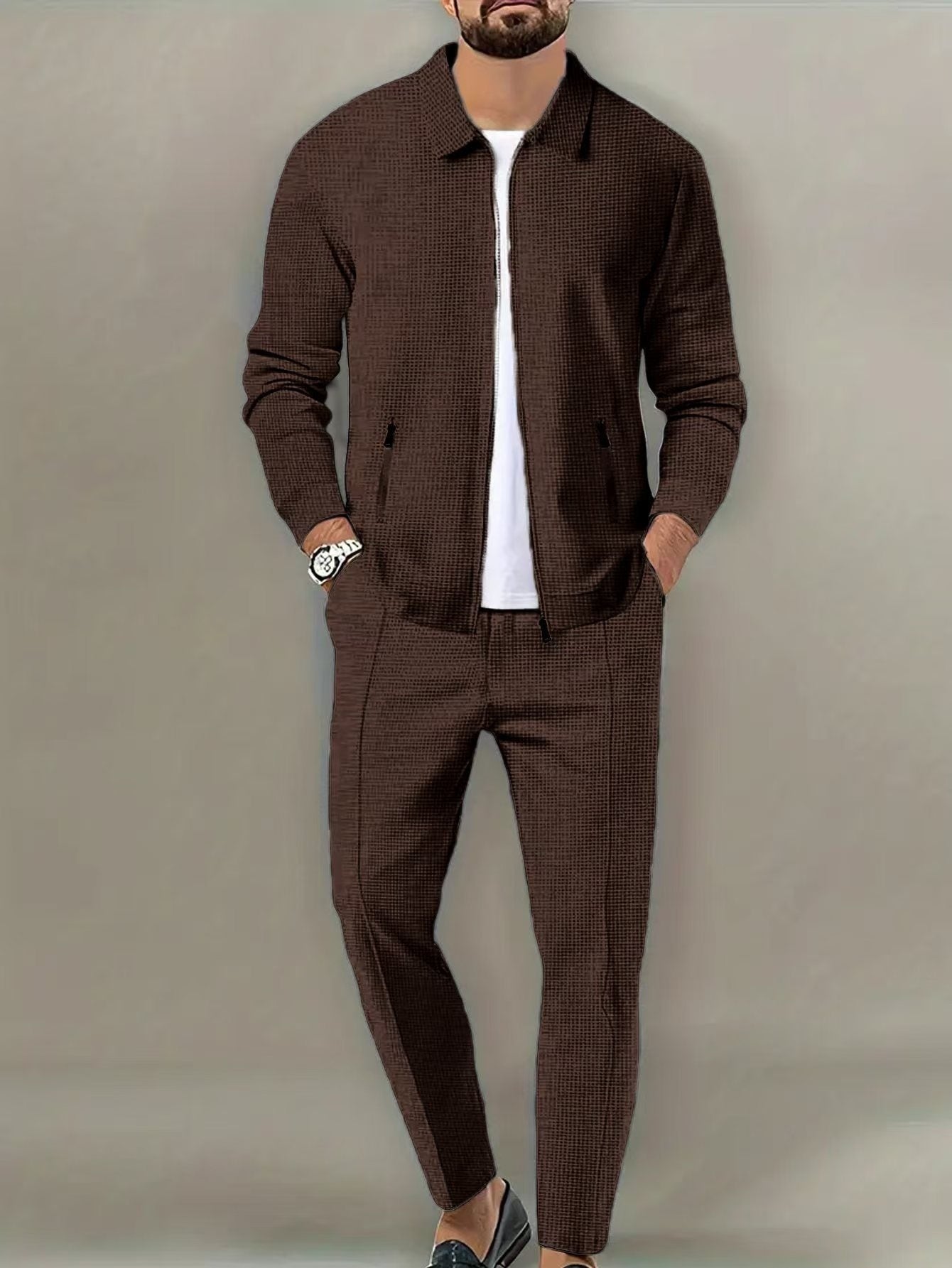 Men's Spring Autumn Zipper Cardigan Suit - Slim Fit Lapel Jacket & Pants Set