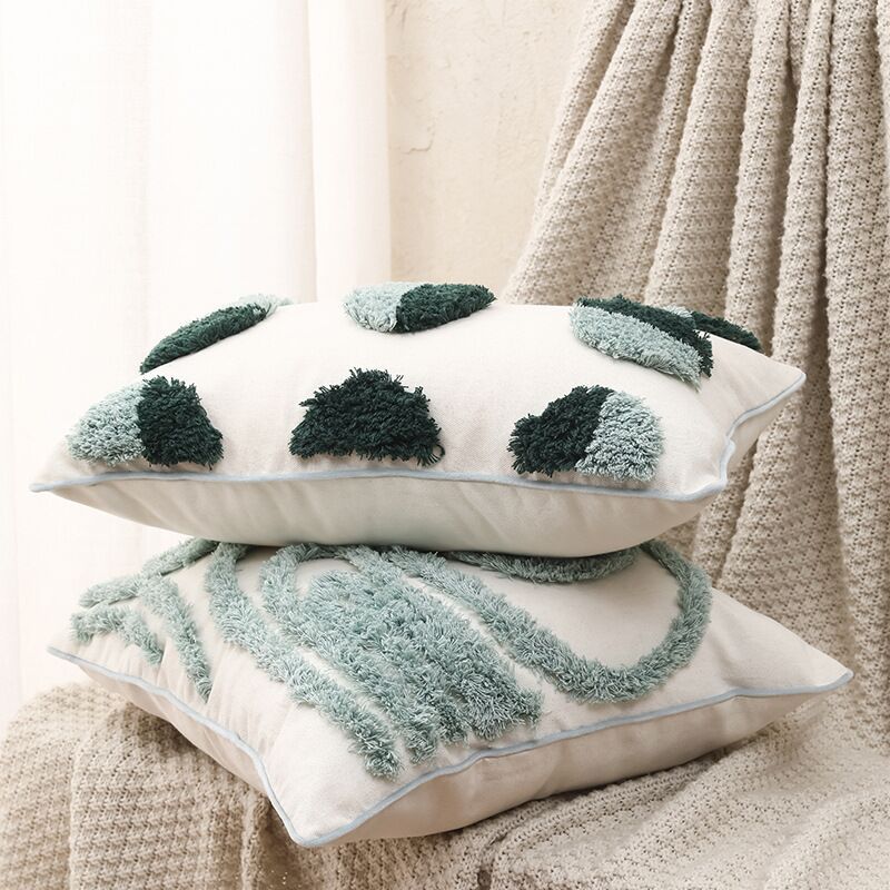 Nordic Moroccan Ins Wind Tufted Pillow Living Room Sofa Tassel Cushion Model Room Pure Cotton Pillowcase Green