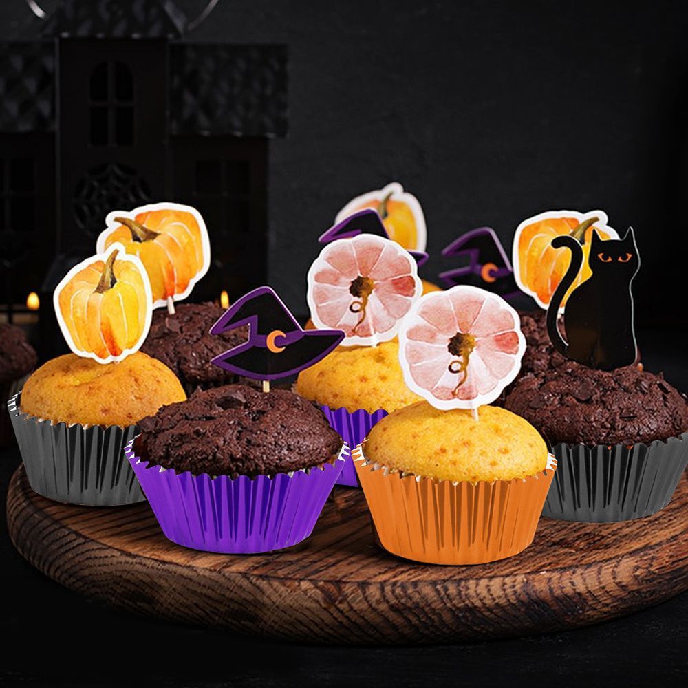Halloween Foil Cupcake Liners - 300 Pcs Black Purple Orange Metallic