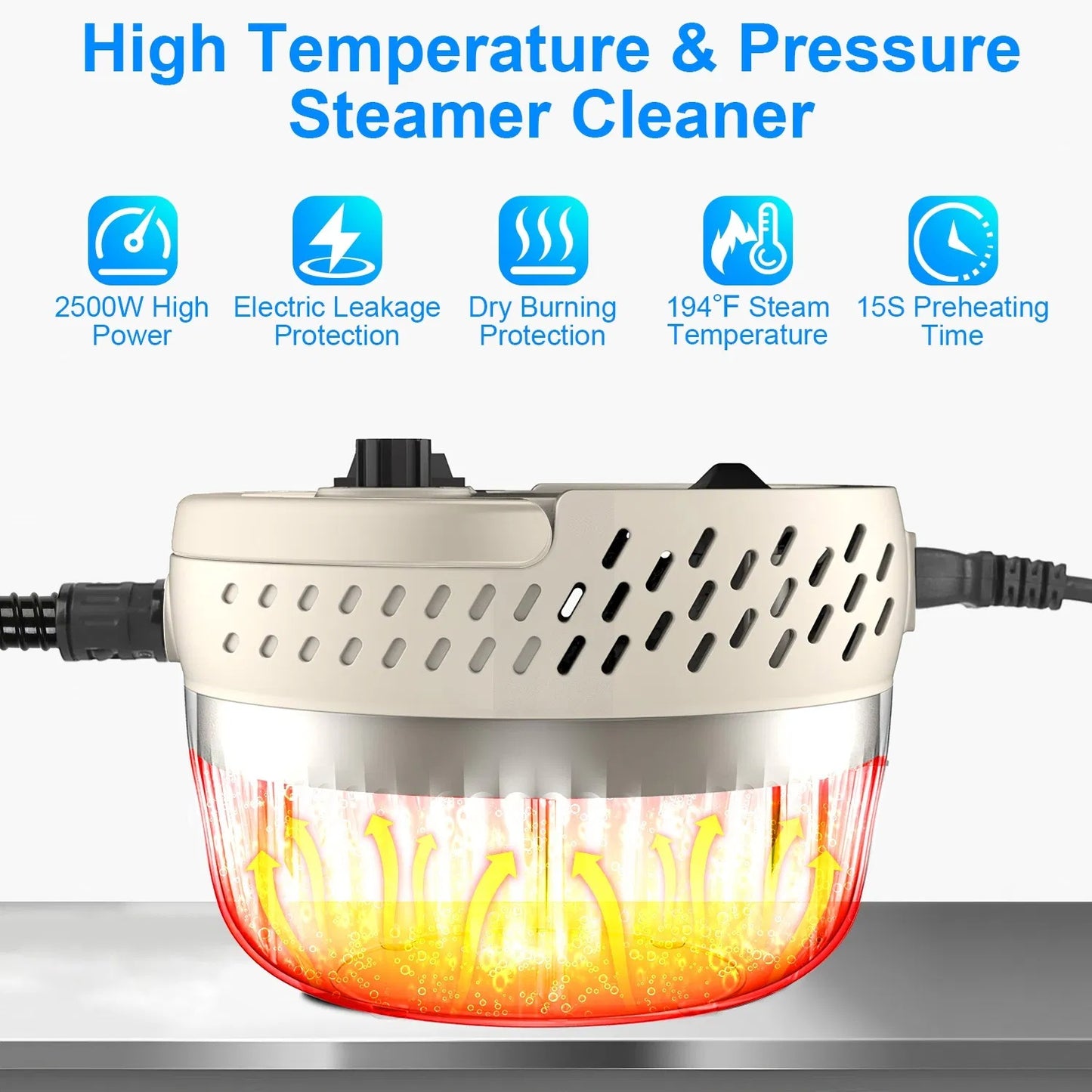 2500W Handheld High Temperature And Pressure Steamer Cleaner With 1400ML Tank 9 Accessories 6 Steam Levels For Dirt Grease Grout Tile Floor Couch Car