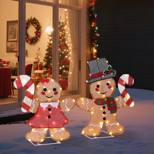 Set of 2 Lighted Gingerbread Man & Candy Cane - 80 LED Christmas Decorations