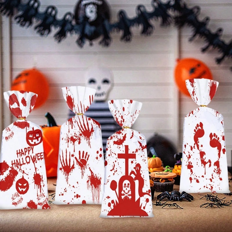 Halloween Cellophane Candy Bags - 50 Pack with Gold Twist Ties