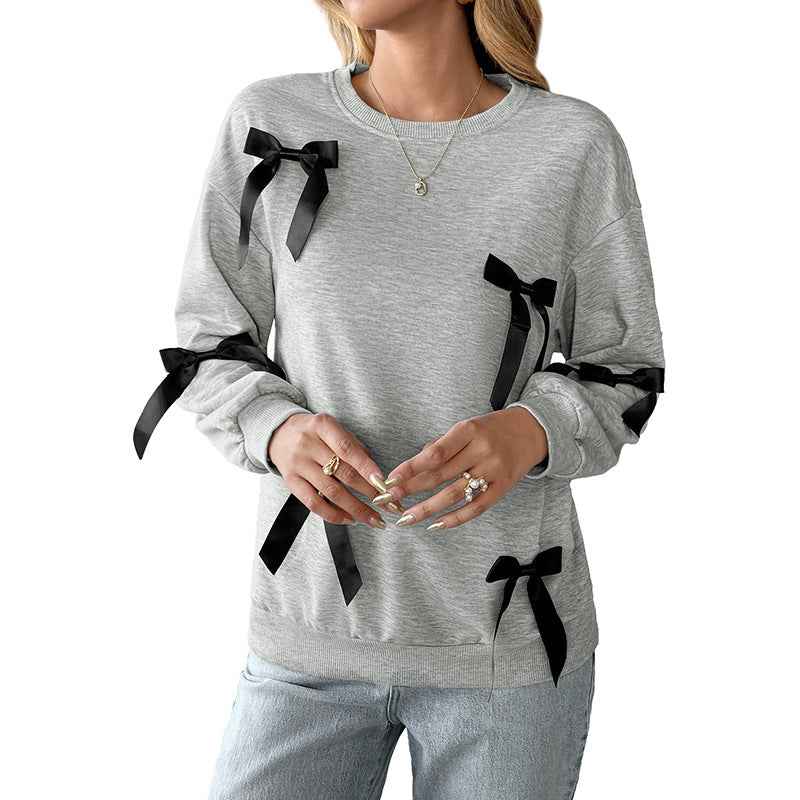 Bow Decoration Gray Round-collar Sweater For Women