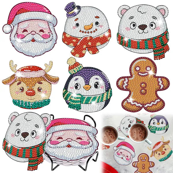6 Packs Christmas Rhinestone Art Coasters with Holder - 5D DIY Set