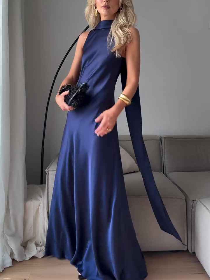 Royal Blue Satin Sleeveless Maxi Dress