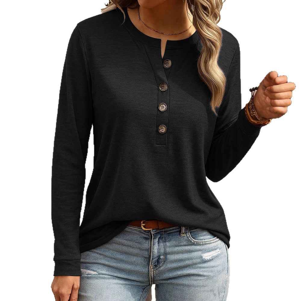 Women's Casual V-neck Placket Long Sleeve Pullover Multi-color Sweater