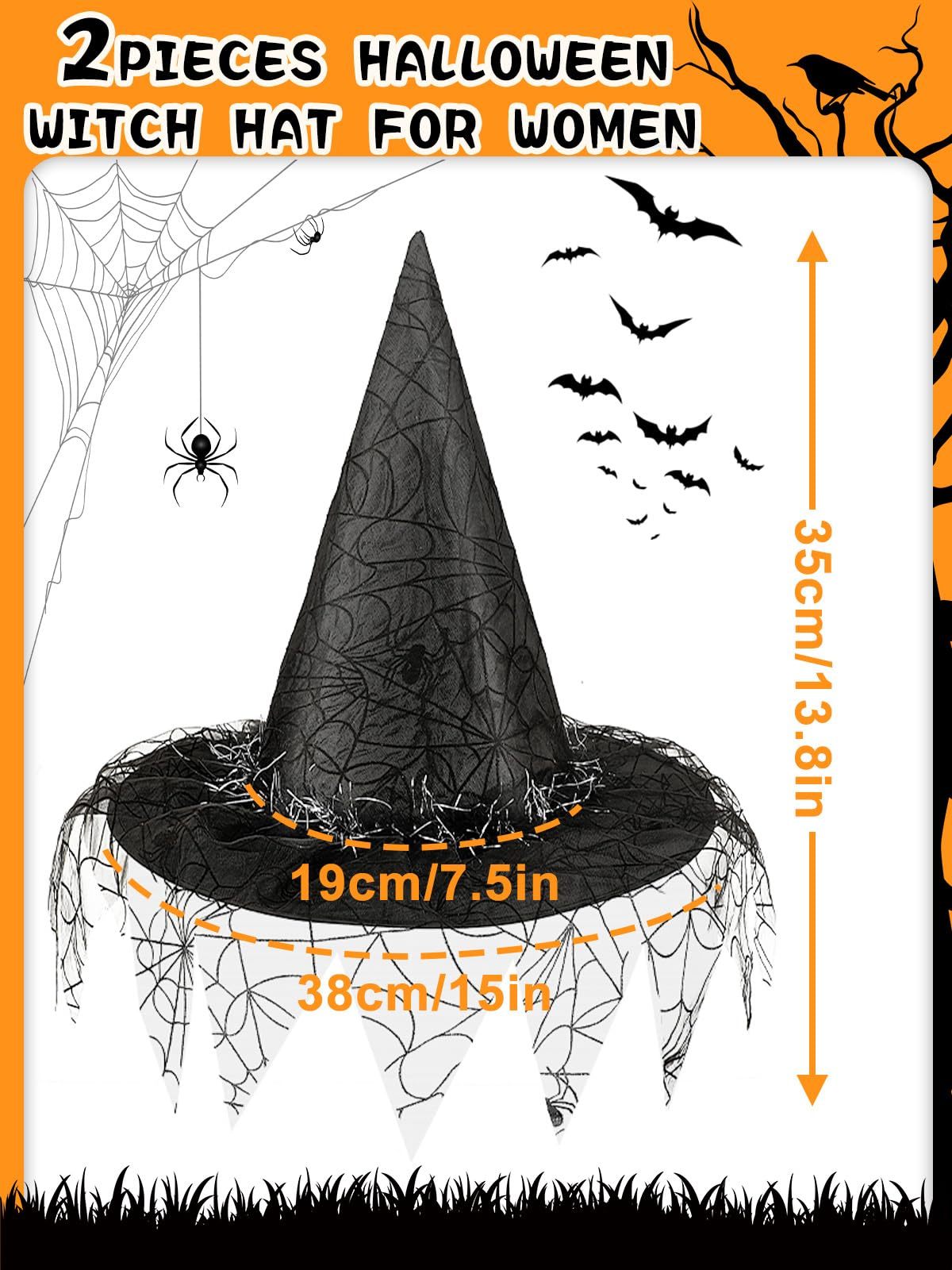 Halloween Witch Hats - 2 Pcs Black Foldable Pointed Caps for Women