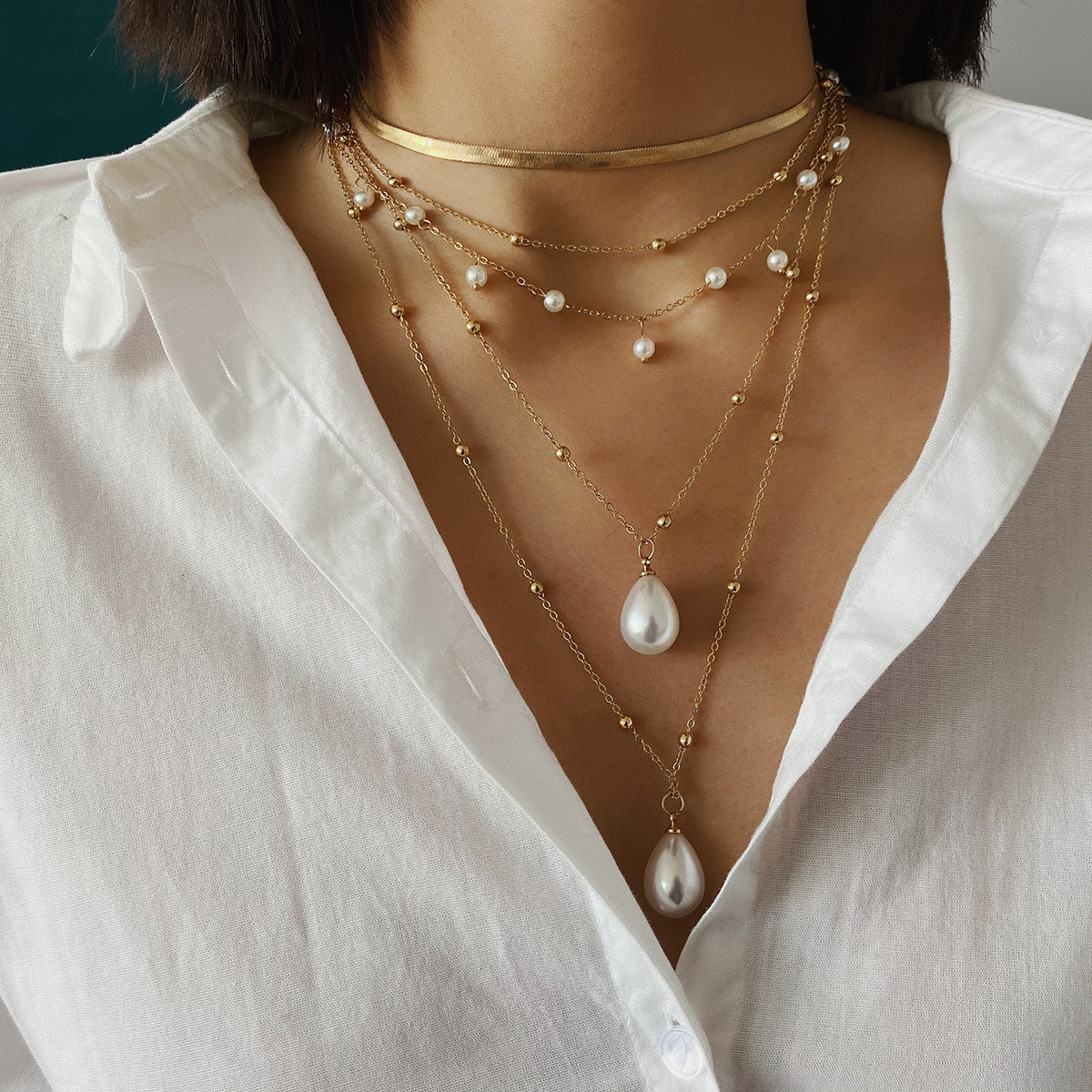 Multi-Layer Pearl Chain Necklace - Metal Chain Imitation Design
